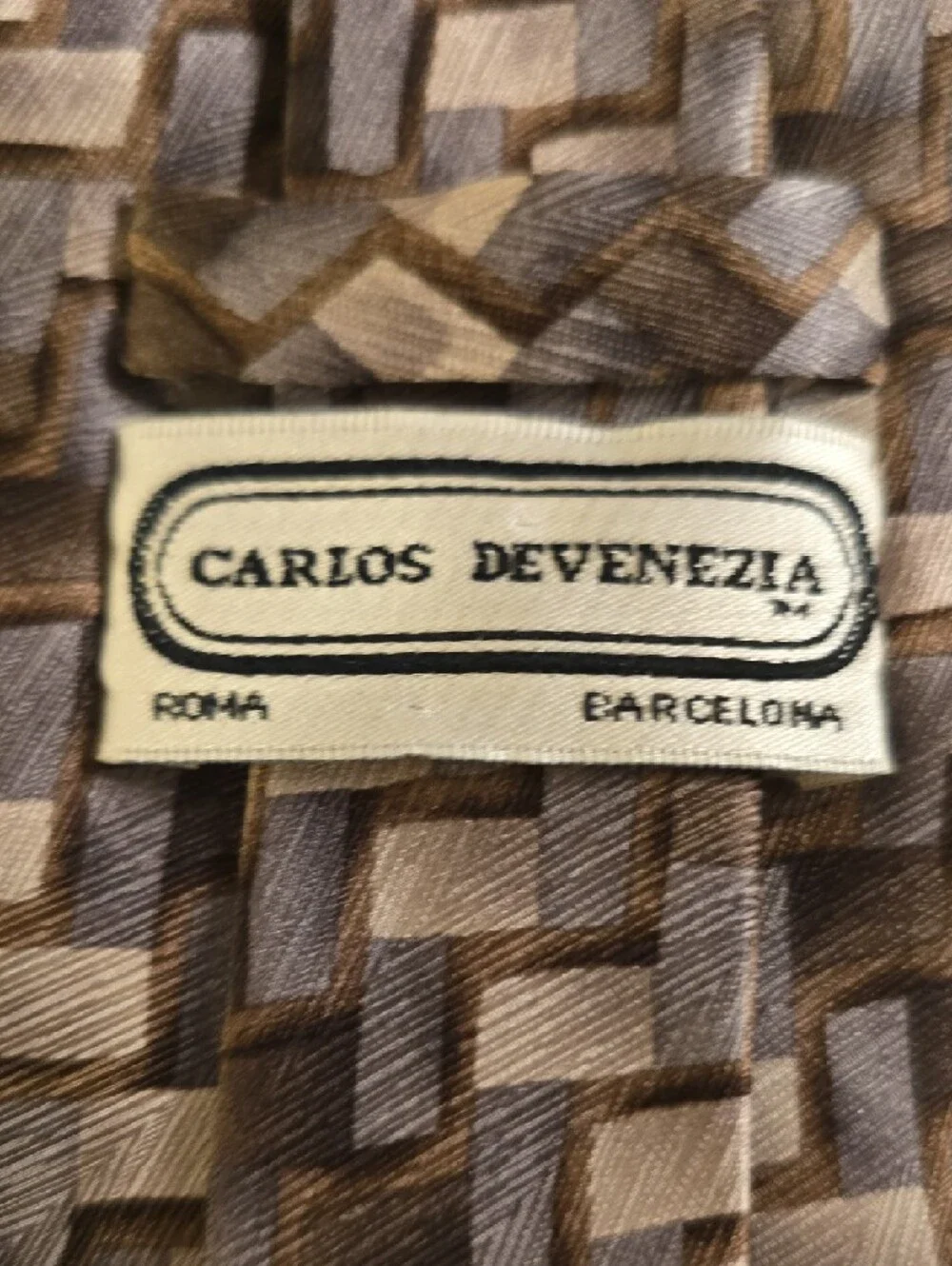 CARLOS DeVENEZIA Silk Handmade Brown Geometric Pattern Men's Tie 59 Inches Long